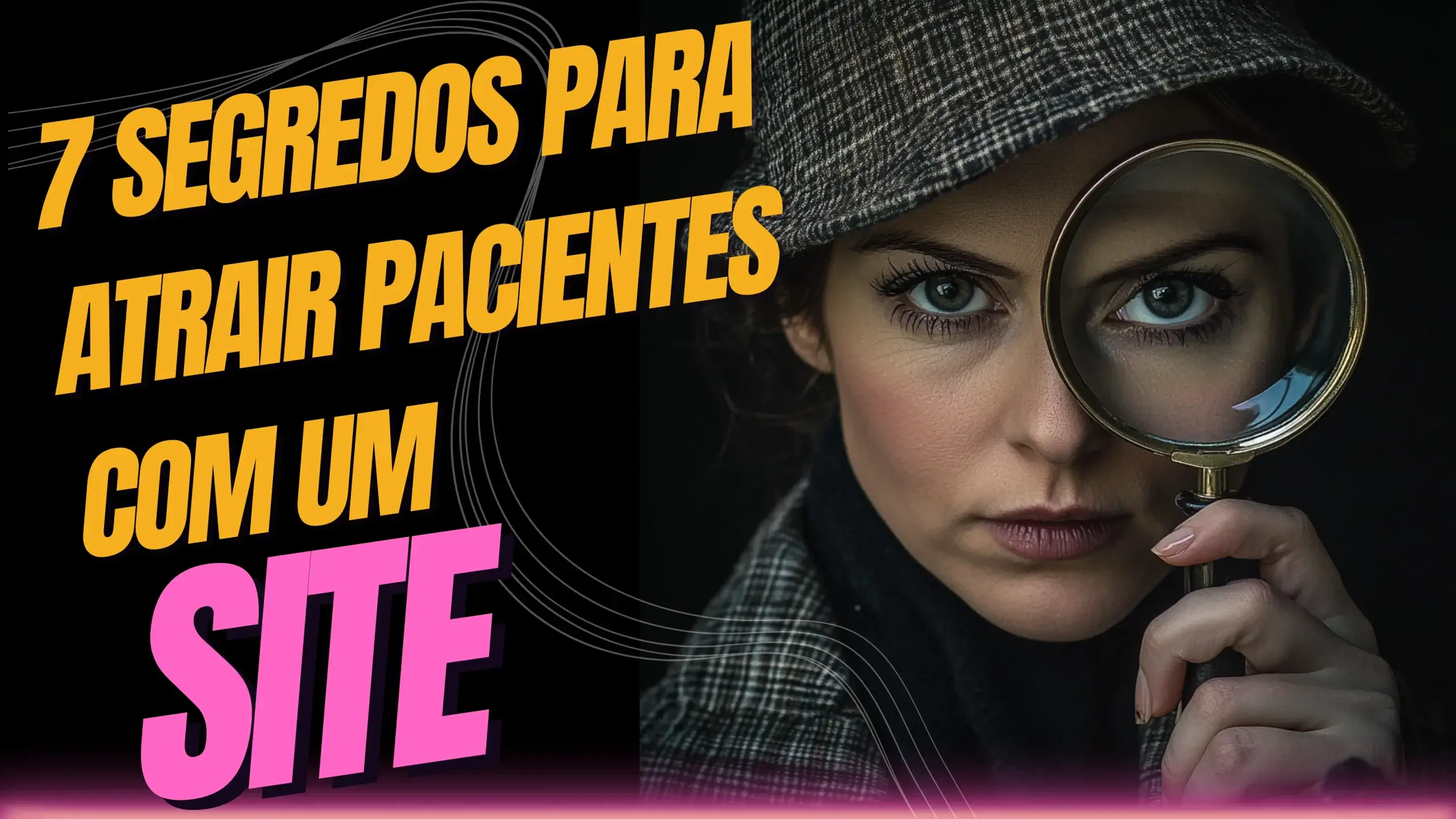 7 Segredos para Atrair Pacientes com um Site’ acompanhada de uma mulher segurando uma lupa, simbolizando a busca por estratégias eficazes para atrair pacientes online.