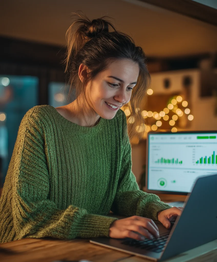 Psicóloga focada no marketing digital, analisando dados para captação de clientes online.