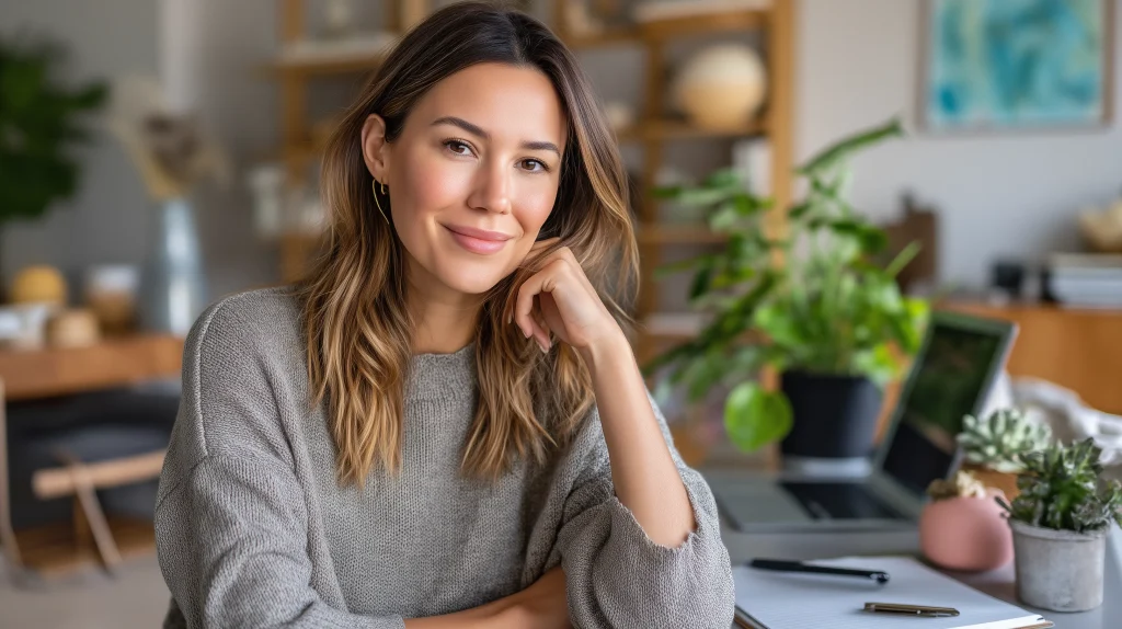 Mulher psicóloga em seu espaço de trabalho, ideal para captação de clientes online e marketing digital.