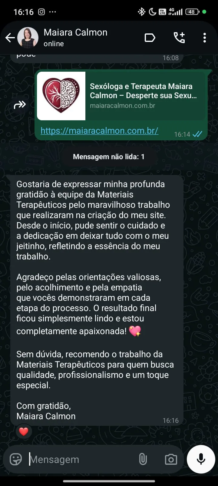 Depoimento de Maiara Calmon elogiando a criação de site profissional pelo projeto Psi Empreendedor
