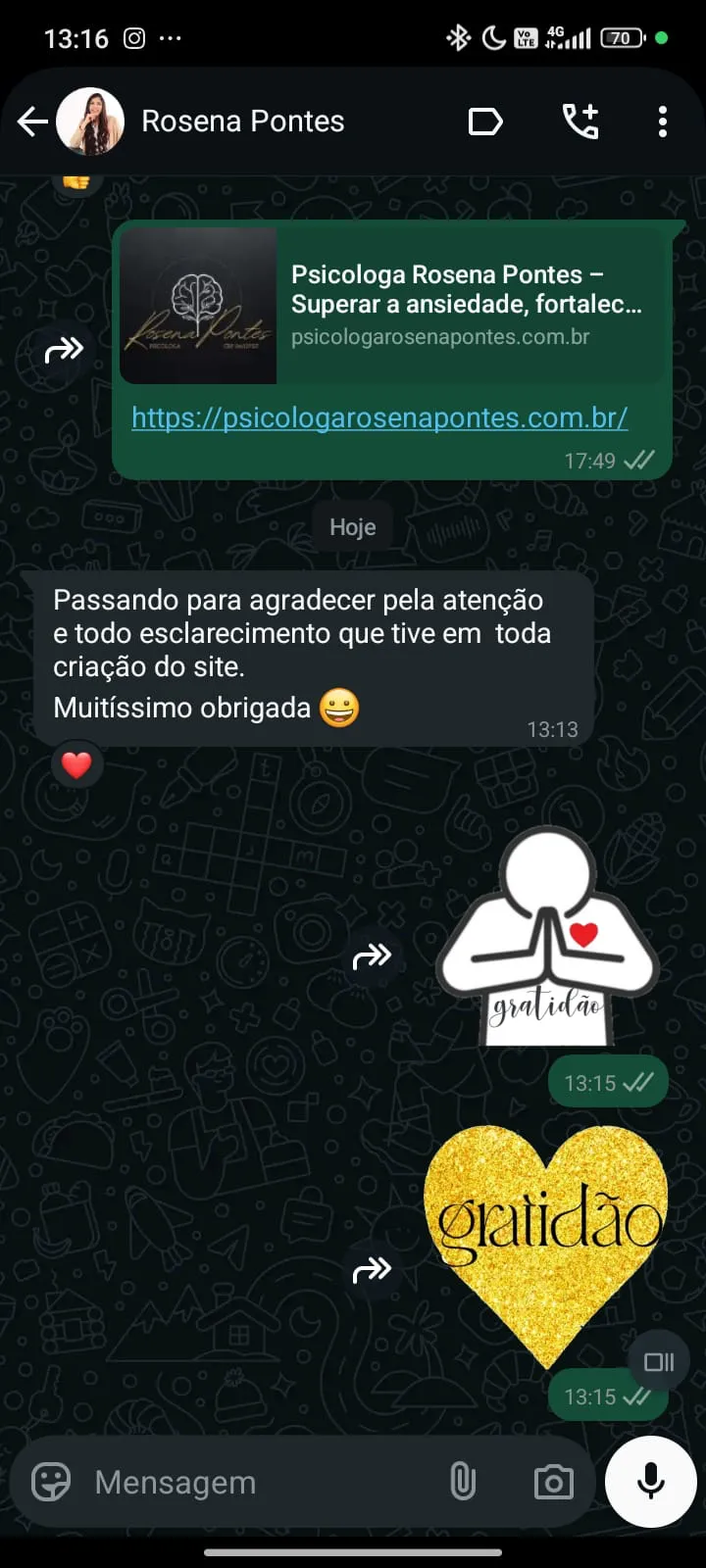 Depoimento da psicóloga Rosena Pontes agradecendo pela criação de seu site profissional com o projeto Psi Empreendedor