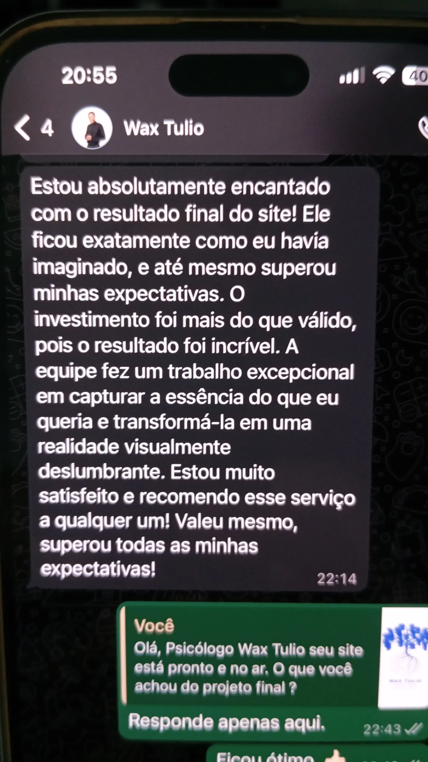 Wax Tulio afirma que seu site superou as expectativas, elogia o visual e recomenda o serviço da equipe Materiais Terapêuticos