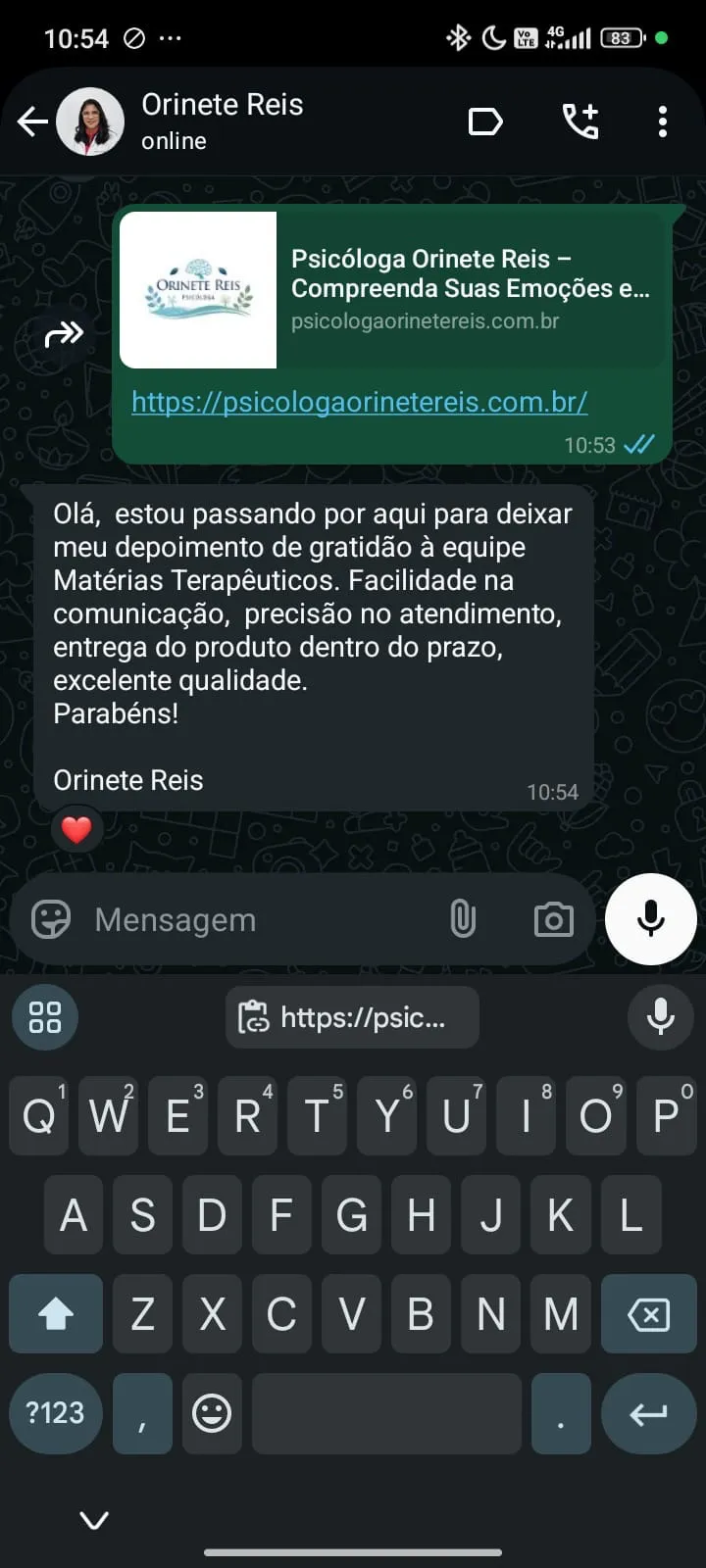 Mensagem da psicóloga Orinete Reis elogiando a criação de seu site profissional, destacando qualidade, atendimento e pontualidade