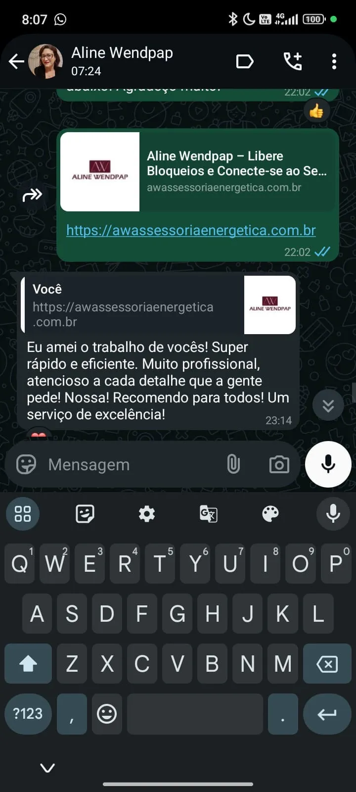 Aline Wendpap elogia a criação de site profissional pela equipe Materiais Terapêuticos, destacando rapidez, eficiência e excelência