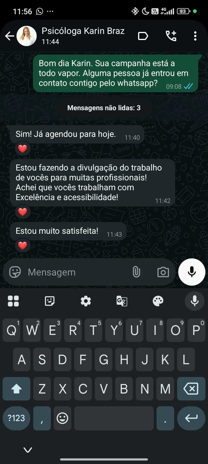 Psicóloga Karin Braz elogia a criação de site profissional e a campanha realizada, destacando excelência, acessibilidade e resultados