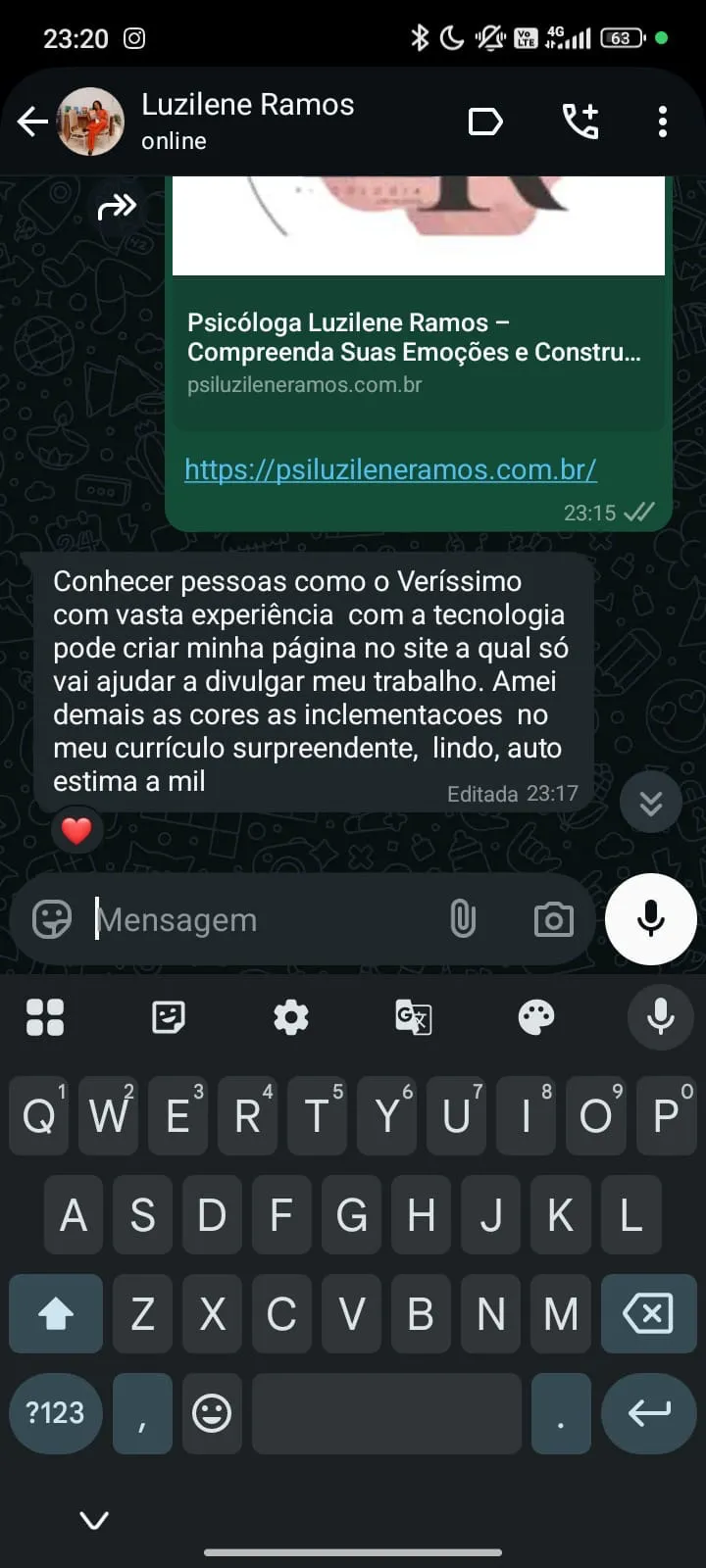 Psicóloga Luzilene Ramos agradece ao Veríssimo pela criação de site profissional e destaca a valorização do seu currículo e identidade visual