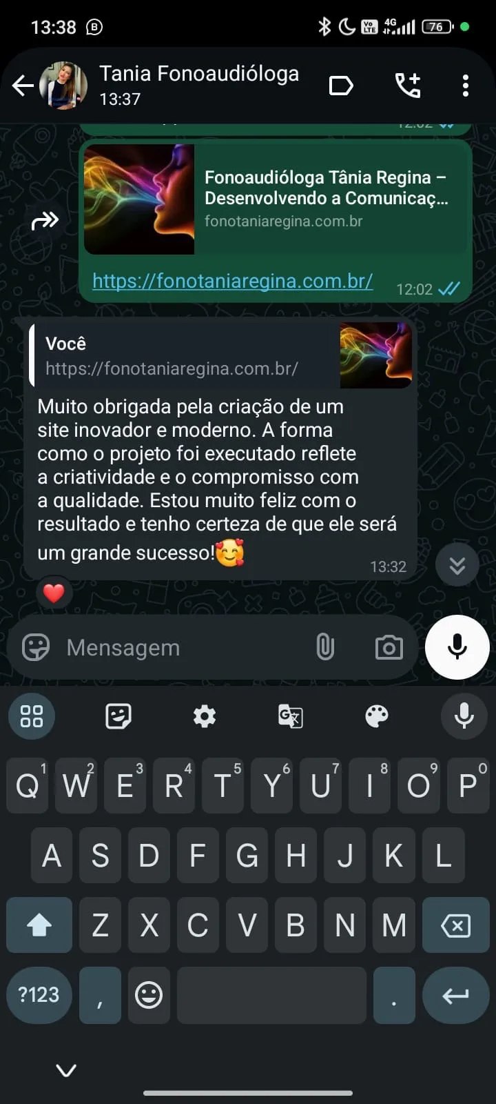 Depoimento de Tânia Regina destacando a criatividade e inovação no site profissional desenvolvido pela equipe do Psi Empreendedor