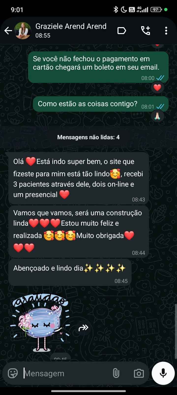 Depoimento da psicóloga Graziele Arend destacando pacientes que chegaram até ela pelo site profissional desenvolvido pela equipe do Psi Empreendedor