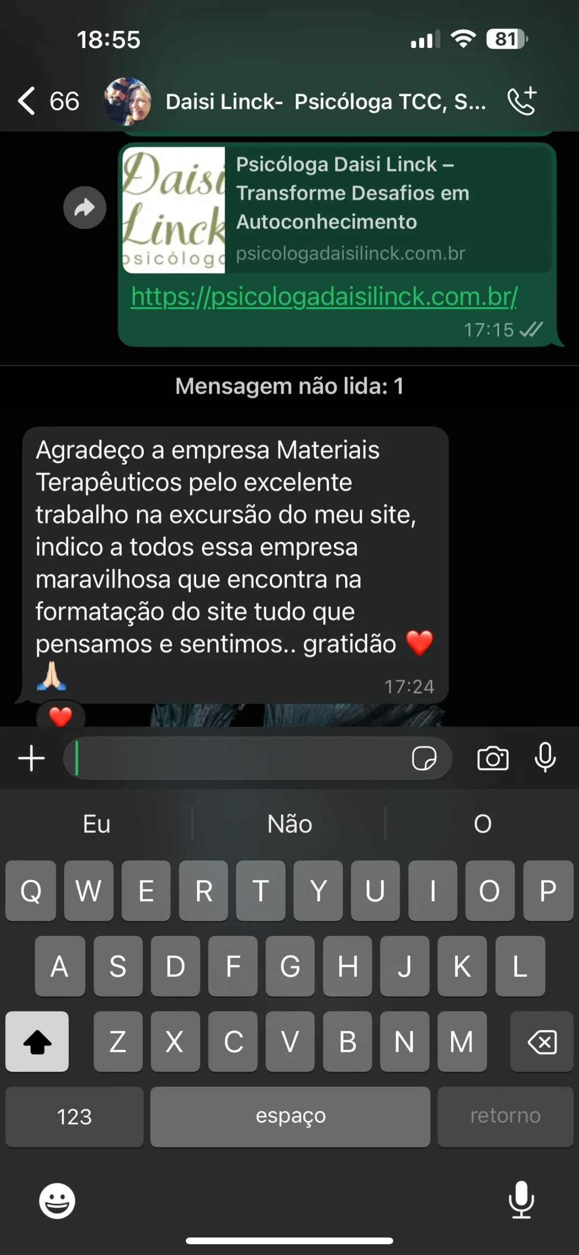Mensagem de agradecimento da psicóloga Daisi Linck destacando a sensibilidade da equipe na criação do site e o alinhamento com seus sentimentos e ideias