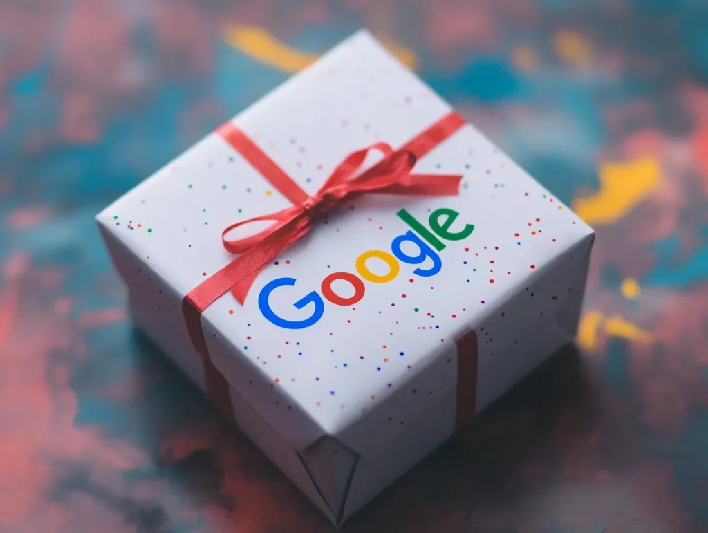 Caixa de presente com a logomarca do Google, representando o bônus da primeira campanha no Google Ads gratuita