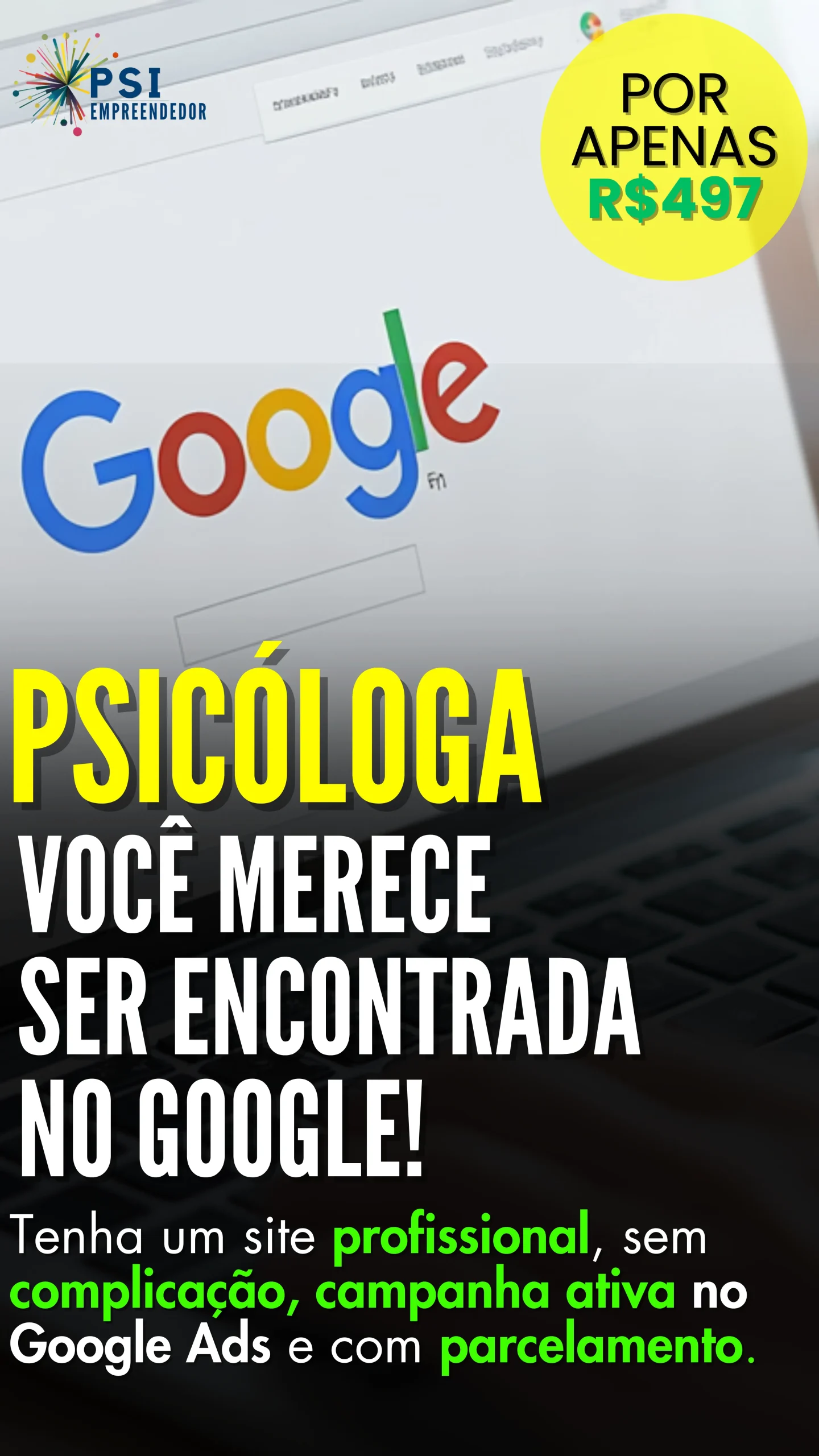Banner de criação de site profissional para psicólogas com campanha no Google Ads por R$497