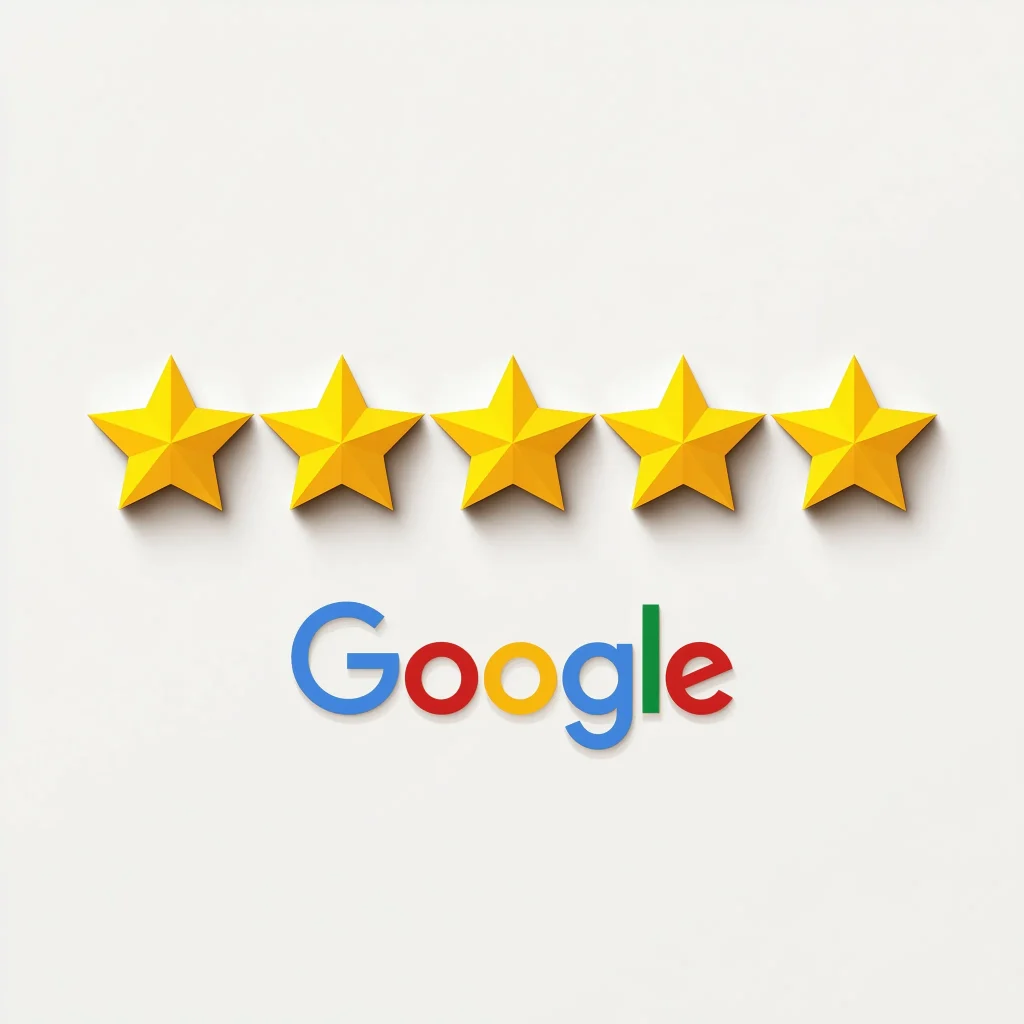 Imagem com cinco estrelas douradas acima do logotipo do Google, representando avaliações positivas no Google Meu Negócio para psicólogos.